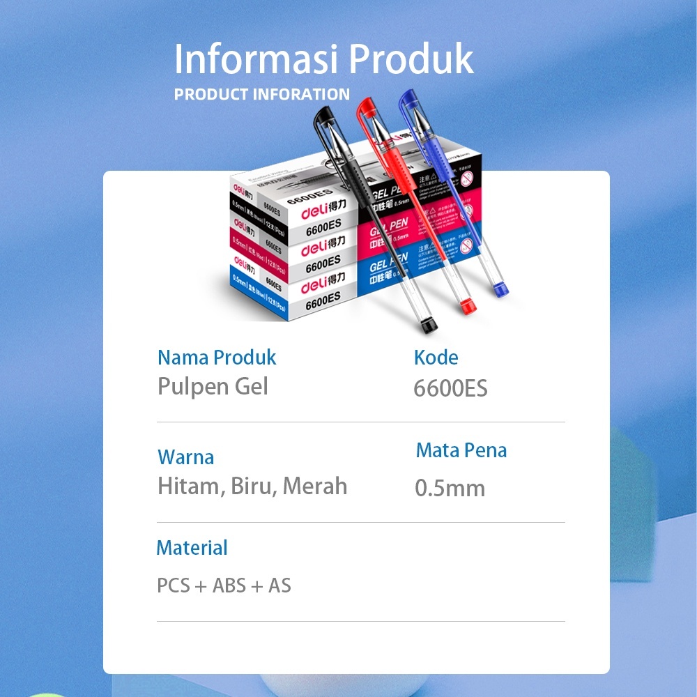 Deli Gel Pen Pulpen 0.5mm Ujung Tumpul Tinta Hitam/Biru/Merah Lembut dan Nyaman Dipakai 1PCS 6600ES (6)