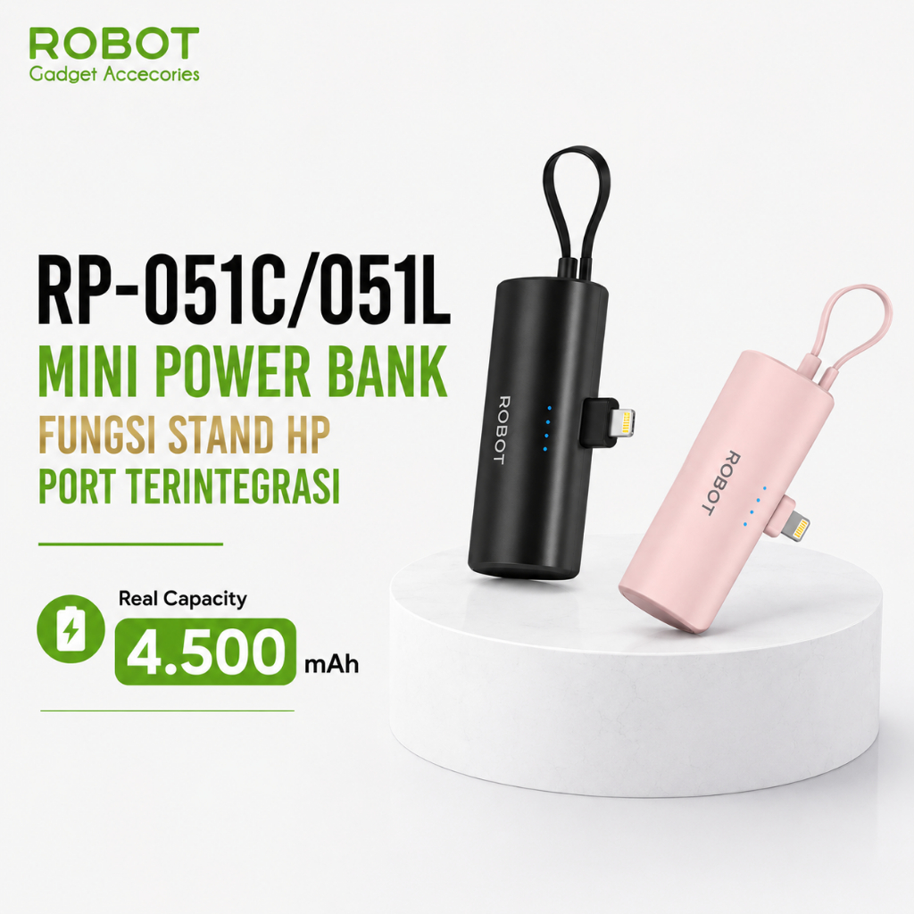 ROBOT Mini Power Bank 4500mAh Lightning dan Type C Support Iphone dan Android Bisa Jadi Stand HP Dengan Kabel Bawaan RP-051C/L