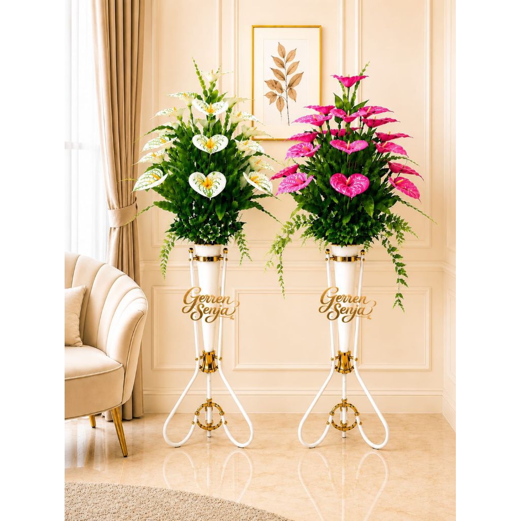 Bunga Lili Artificial 125cm + Vas Standing besi Dekorasi Ruang Tamu Bunga Hias Sudut Ruangan Premium