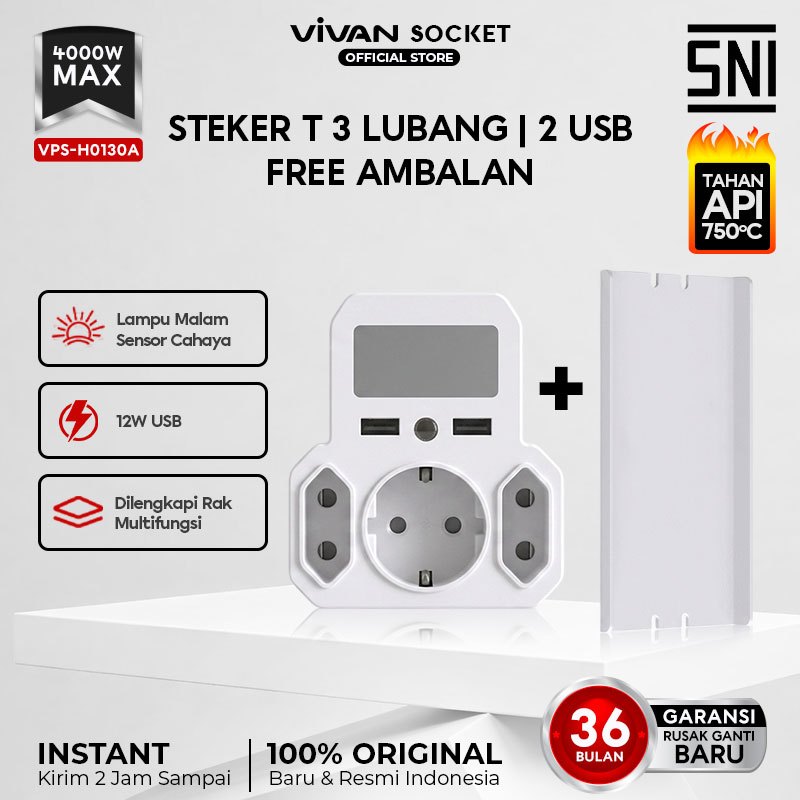 [Steker T Multifungsi] 7 in 1 VIVAN Stop Kontak Multi Arde + Rak 3 Lubang 2 USB Charger Lampu Sensor SNI Child Safety Garansi 36 Bulan