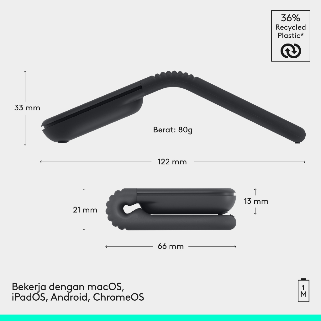 Logitech Mobi Fold, Mouse Perjalanan Ultra-Portabel, Kecil dan Ringan, Gulir Sentuh, Klik Tenang, 4K DPI, Bluetooth, untuk Windows PC, Mac, Chromebook (8)