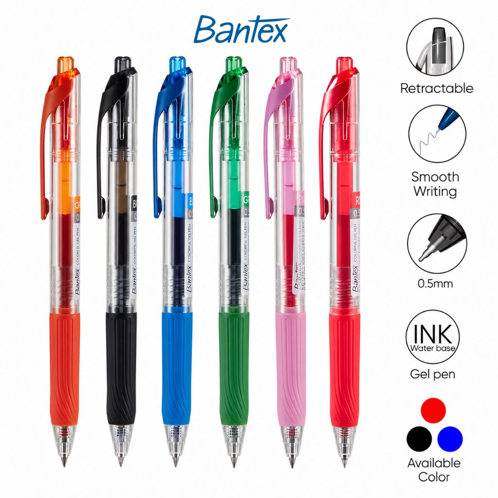 Bantex Pulpen Gel Warna Warni / Colorful Gel Pen 0.5mm Soft Rubber Grip Metal Clip BG111X