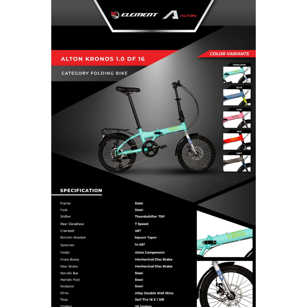 Sepeda Lipat 16 inch Element Alton Kronos 1.0 DF 7 speed Terbaru