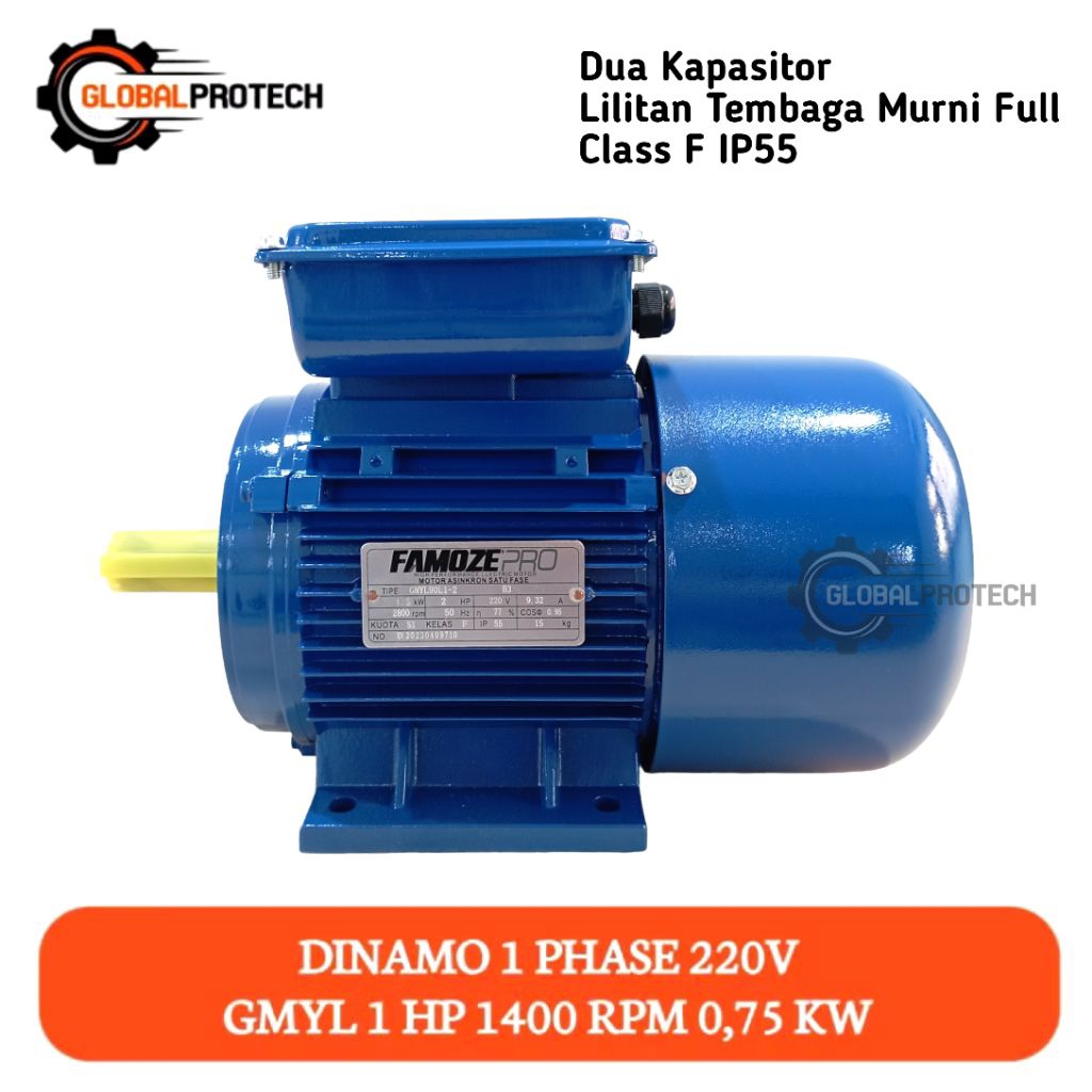 Dinamo Listrik 1 Phase 220V 1 HP 1400 RPM / 1 HP 2800 RPM Famoze Pro 0,75 KW Tipe GMYL 750W Elektro Motor Penggerak Dua Arah 1 PK Class F 220V