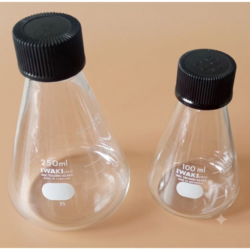 Jual IWAKI Erlenmeyer Flask with Screw Cap, 250ml, 100ml | Shopee Indonesia