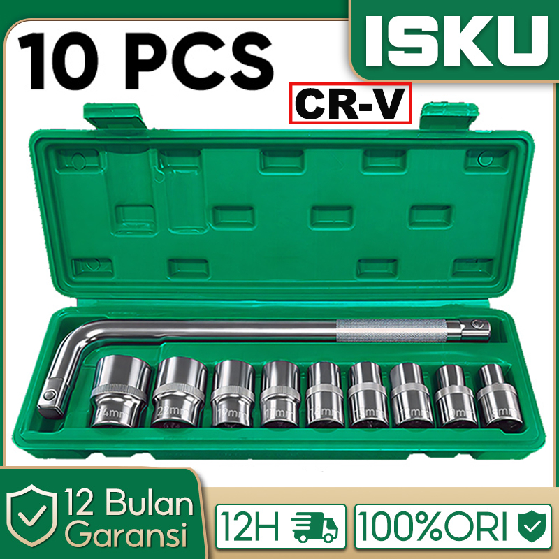 ISKU Kunci Sok Set 10 Pcs Gagang L 1/2 Inch 8-24mm Mata Shock 6PT Alat Bengkel Motor Mobil