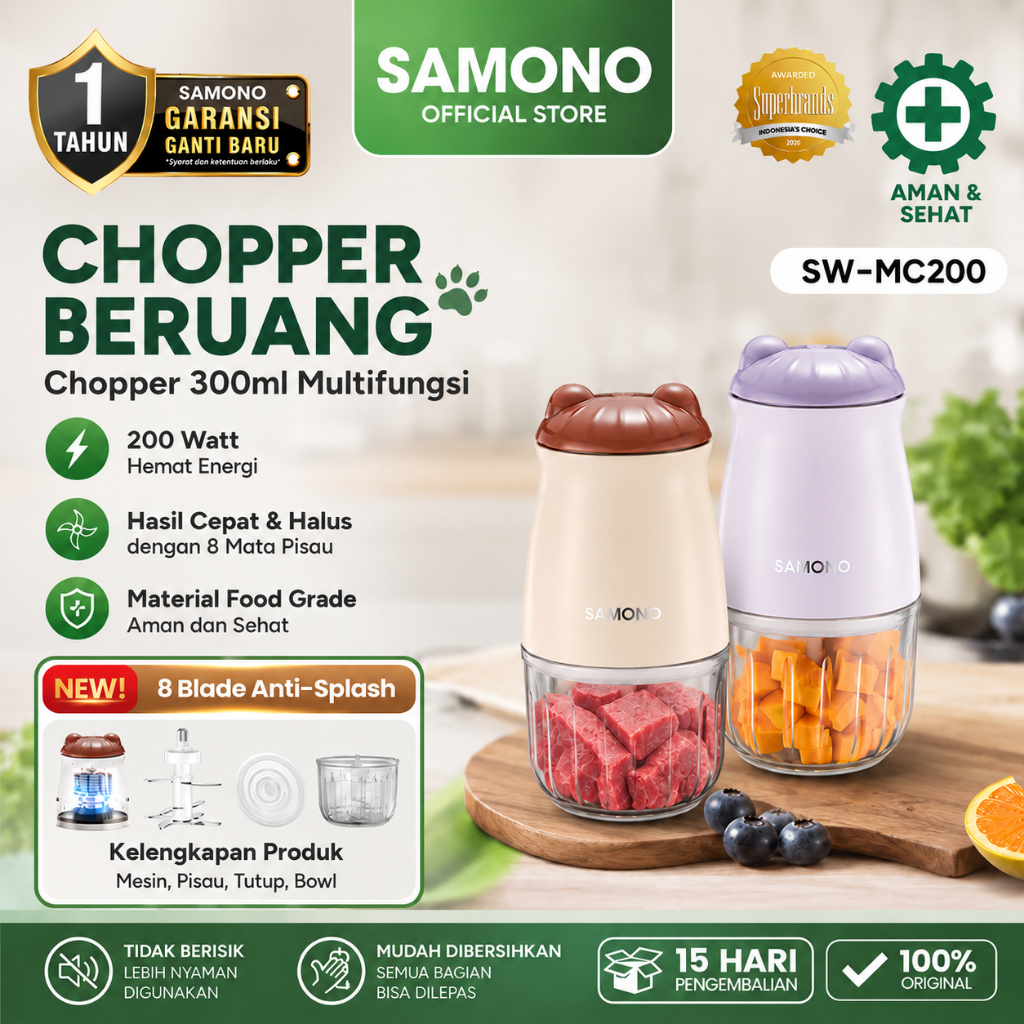 SAMONO Blender Chopper Daging Elektrik Mini Food Processor 300ml Pengolah Makanan Bayi MPASI 8 Blades Stainless Steel Wadah Tahan Suhu Ekstrem Low Watt Efisien Higienis Food Grade Penggiling Serbaguna Bergaransi Resmi SAMONO Indonesia SW-MC200