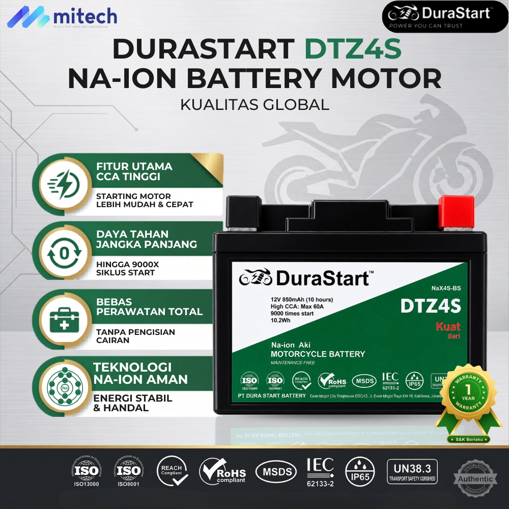 DuraStart Aki Motor Sodium Honda Vario 110 DTZ4S - Aki Na Ion High CCA / Aki Kering