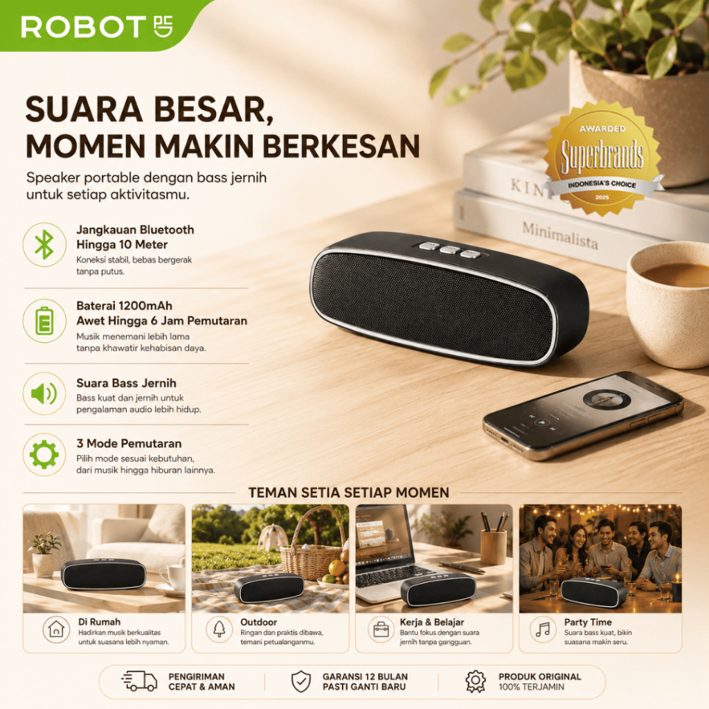 ROBOT Speaker Bluetooth Mini Kecil Speaker Bluetooth Chip 5.0 Suara Jernih Super Bass Daya 5W Baterai 1200mAh Hi-Fi Sound Portable Audio - RB210