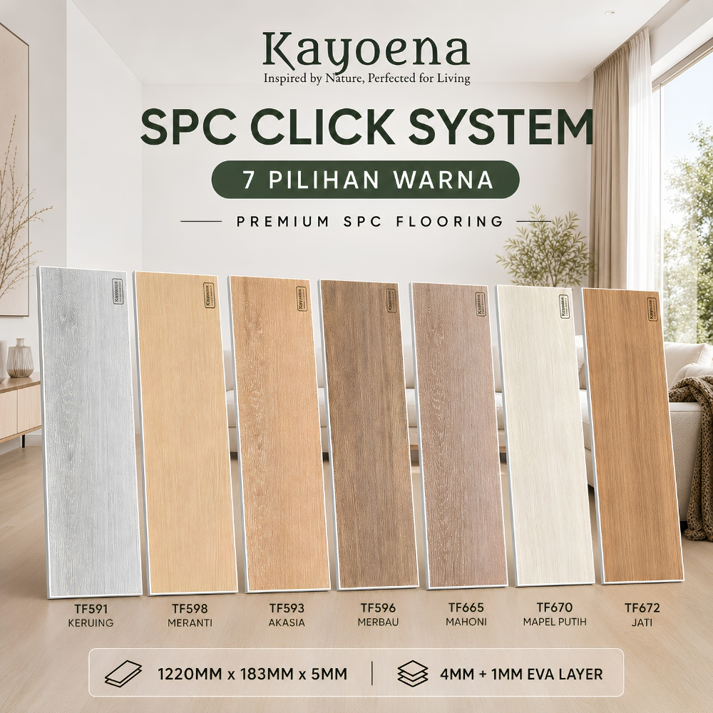 KAYOENA SPC Lantai Flooring klik 4mm dan 5mm Isi 5 Lembar (1,1m) dan 10 Lembar (2.2m)