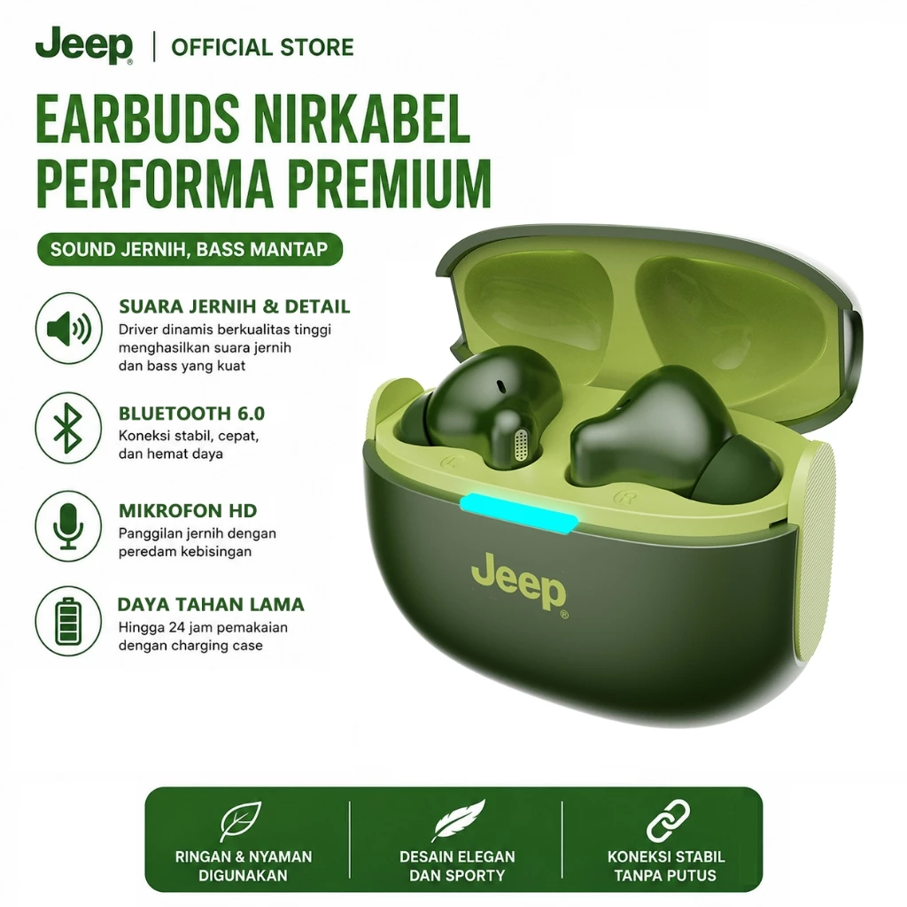 Jeep JP-EW018 TWS Bluetooth 6.0 Earphone ANC Noise Cancelling Baterai 20 Jam Mode Gaming Earbuds Wireless Headset