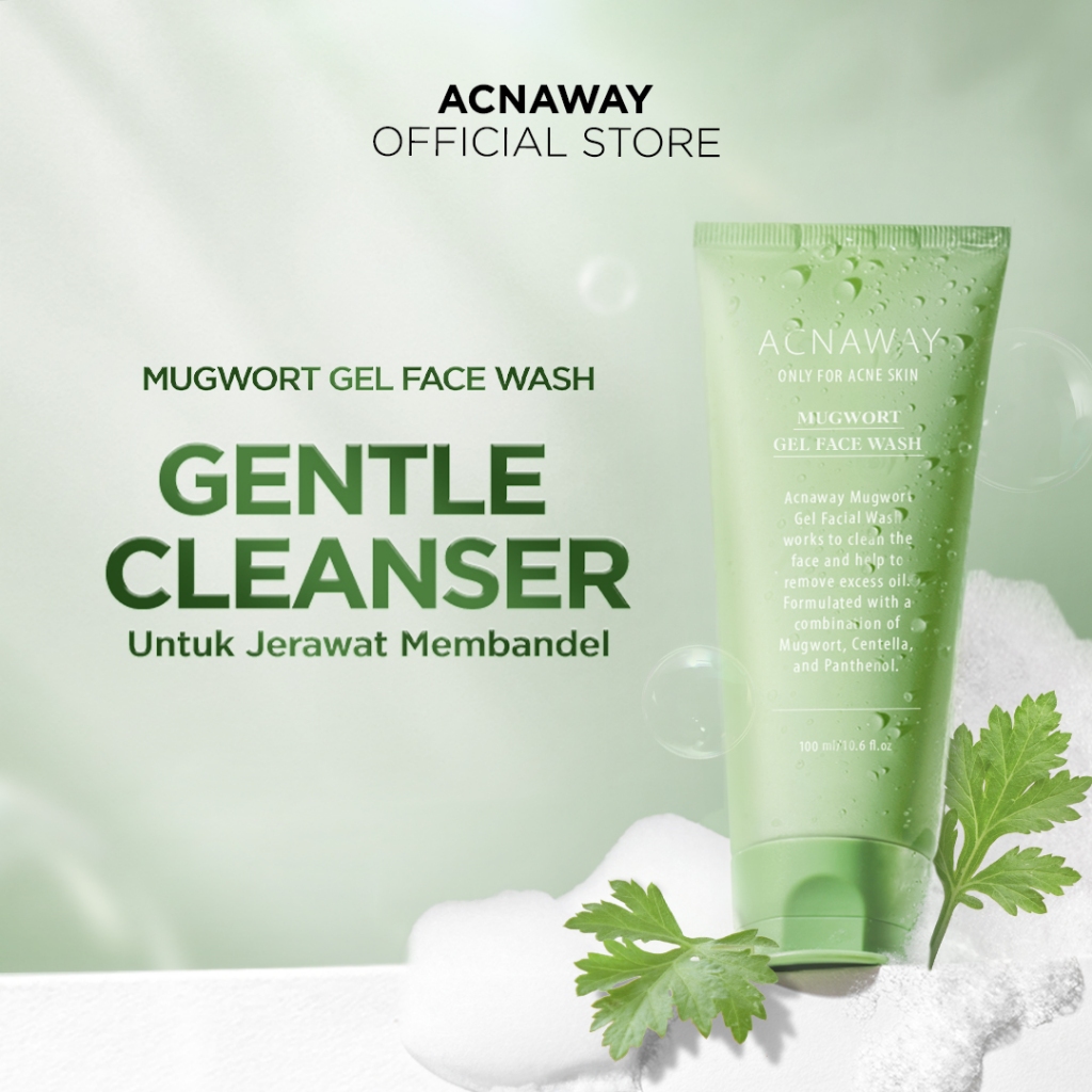 ACNAWAY Mugwort Gel Facial Wash - Acne Friendly Gentle Cleanser Sabun Cuci Muka Untuk Kulit Berjerawat Sensitif Wajah Bersih Tidak Kering Face Wash Sabun Muka Oil Control Fungal Acne Safe Skincare Daily Cleanser All Skin Type Facewash