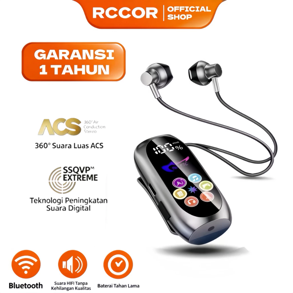 RCCOR Earphone Clip Bluetooth dengan layar penampil baterai dan desain jepit nyaman