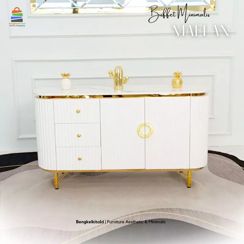 Meja TV Aesthetic Maelan Buffet Ruang Tamu Mewah Meja Konsol Kayu Solid Duco 140cm