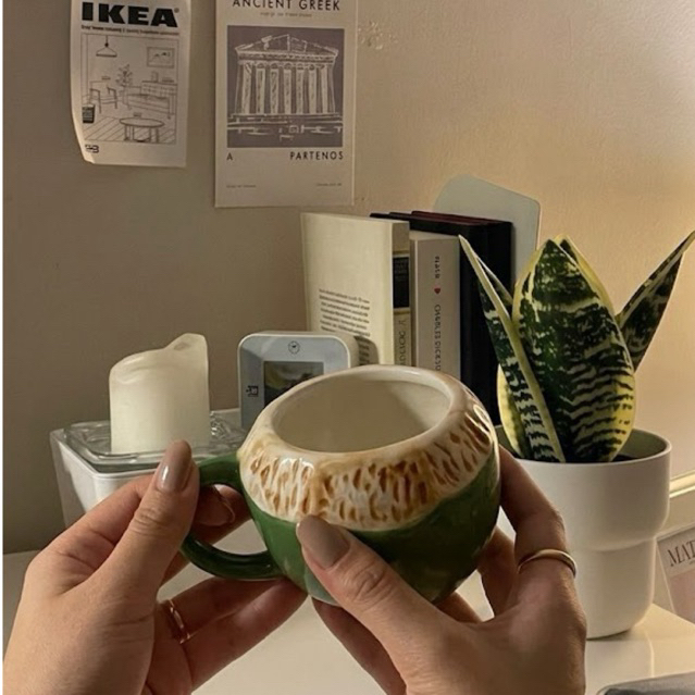 Cangkir Satuan Kelapa Hijau Keramik Estetik 350ML