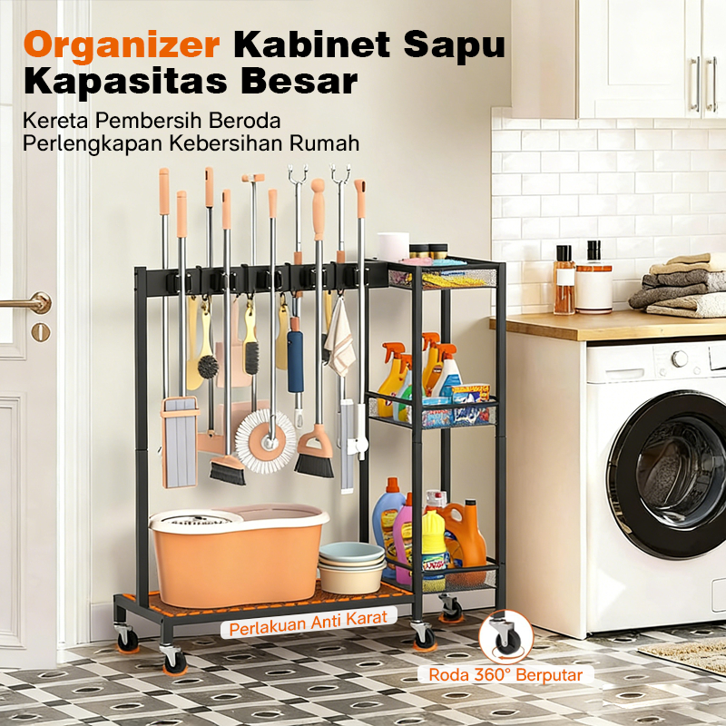 Jual Rak Alat Pembersih Multifungsi dengan Roda - Rak Sapu Pel Dinding ...