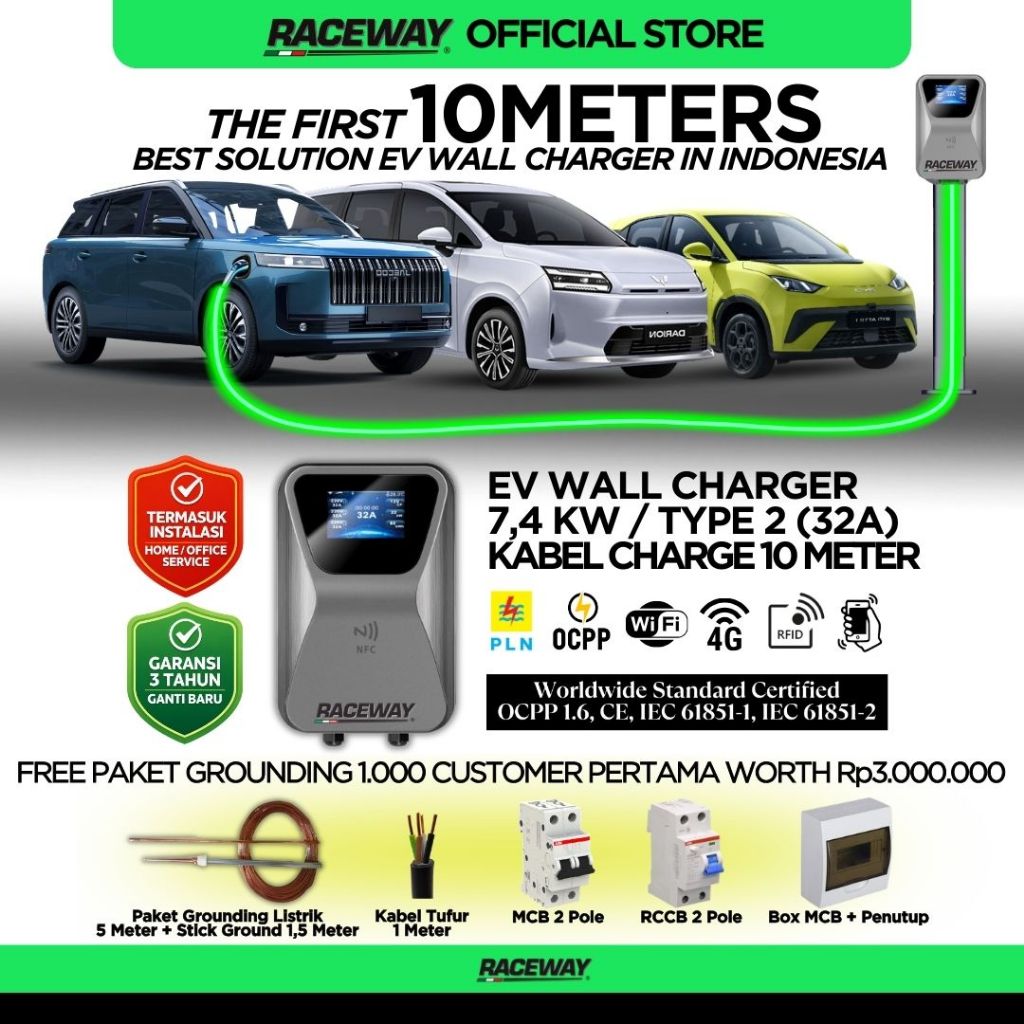 Jual RACEWAY 10 Meter Wall Charger Mobil Listrik EV JaecooJ5 7kW Free ...