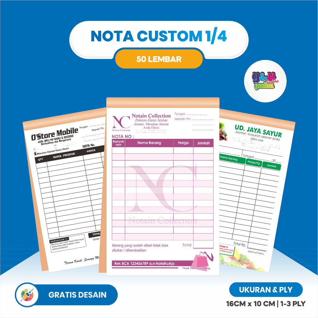 Jual Nota Costum 1/4 Nota custom Free Design dan Logo Y&H Yudha Grafika ...