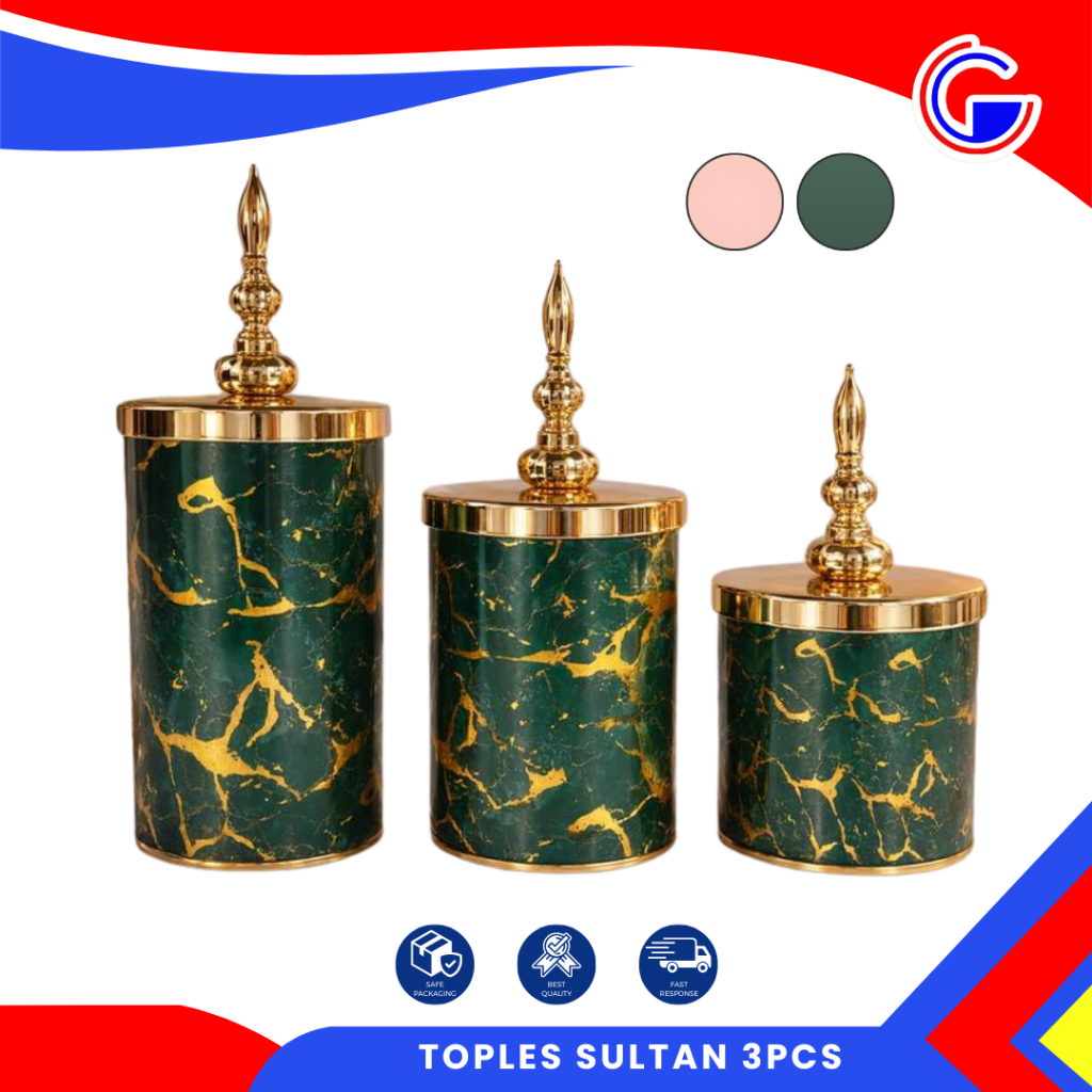 Toples Lebaran Sultan Marmer Set 3 Pcs - Toples Kue Kering Snack Hias Anti Pecah Hijau Hitam