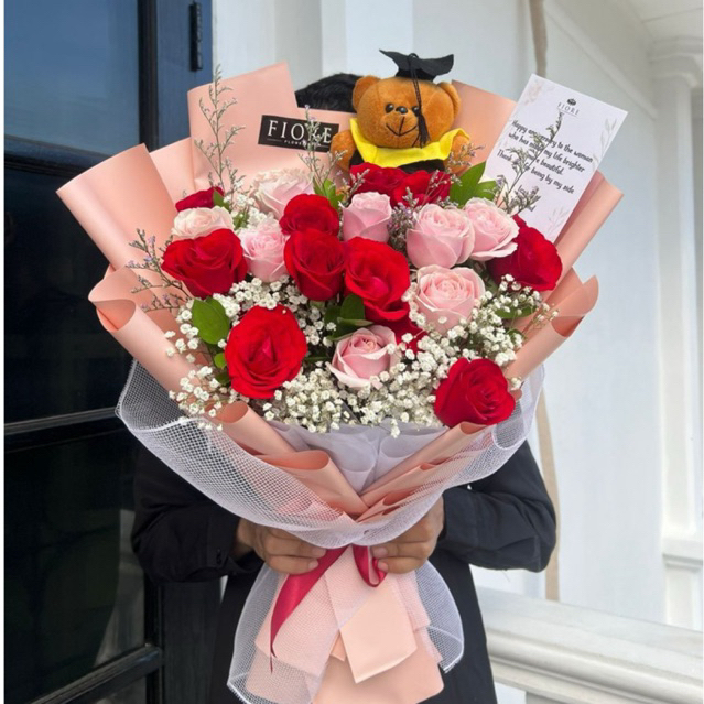 Jual GRADUATION BOUQUET - ROSE WITH TEDDY SMALL [ FRESH FLOWER / BUNGA ...