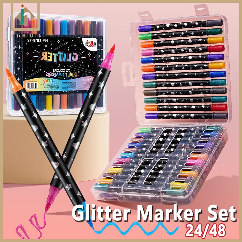 Jual JIHUI Set Pena Glitter Dual-tip 24/48 Warna dengan Kepala Ganda ...