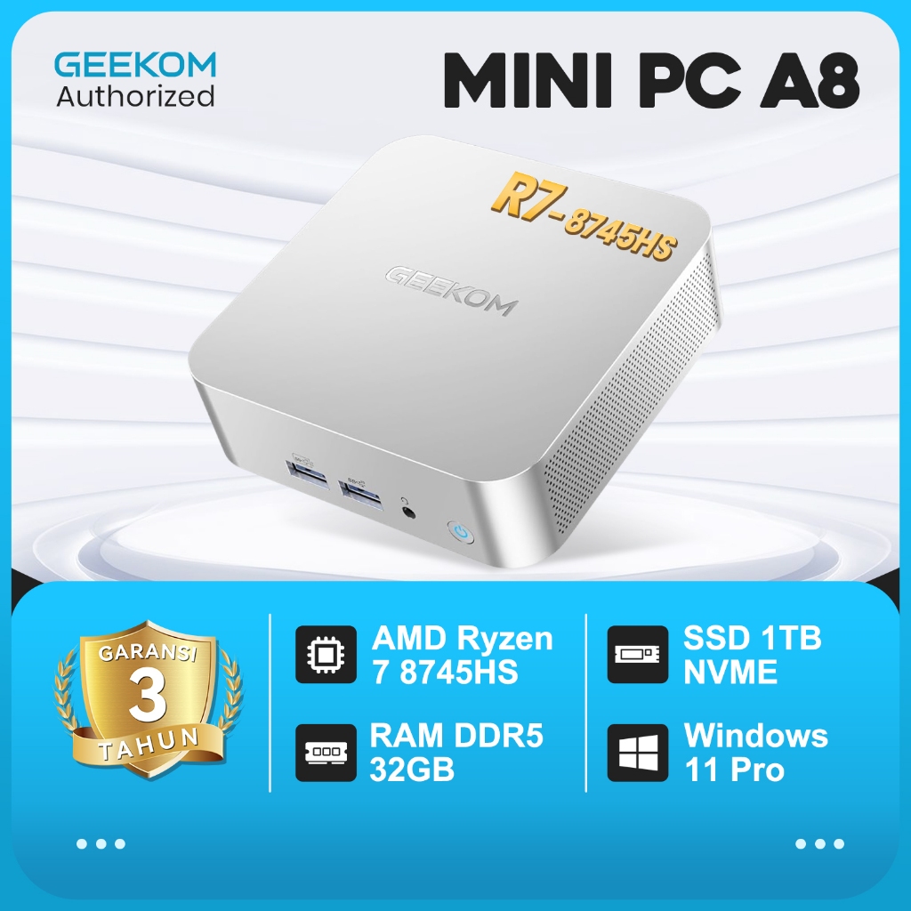 Jual GEEKOM A8 AMD Ryzen 7 8745HS,32GB DDR5 RAM 1TB SSD, USB4, SD
