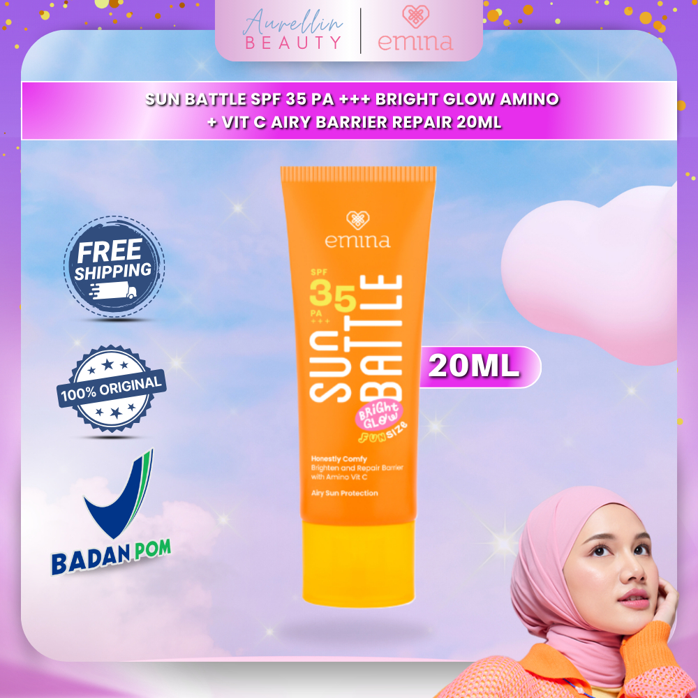 [READY] BEST SELLER! Emina Sun Battle SPF 35 PA +++ Bright Glow Amino + Vit C Airy Barrier Repair 20ml - Sunscreen Wajah, Ringan, Noncomedogenic, Amino Vit C