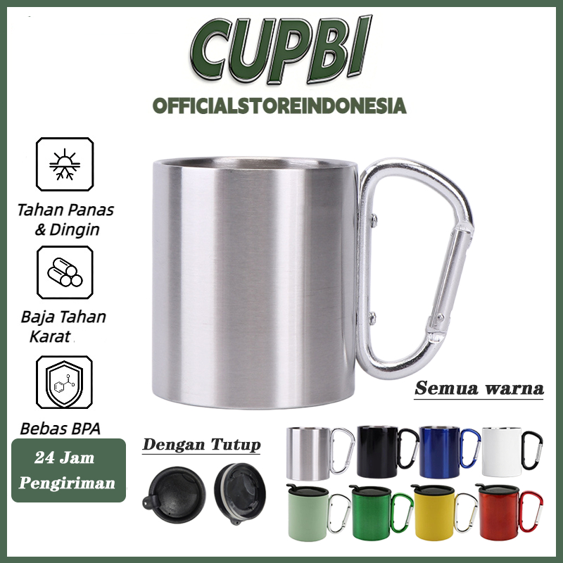 Gelas Stainless Steel Dinding Ganda 200ml, Gelas Perjalanan Luar Ruangan Terisolasi dengan Pegangan Kait Karabiner Tahan Panas, Cocok untuk Berkemah