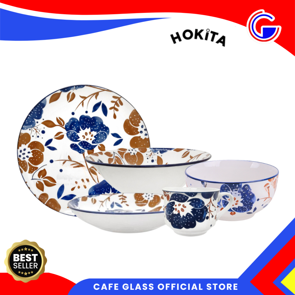 Set Piring Makan & Mangkok Sup Keramik - Motif Bunga Biru Brown/Corn Poppy - Hampers Lebaran - Dinner Set Motif Aesthetic