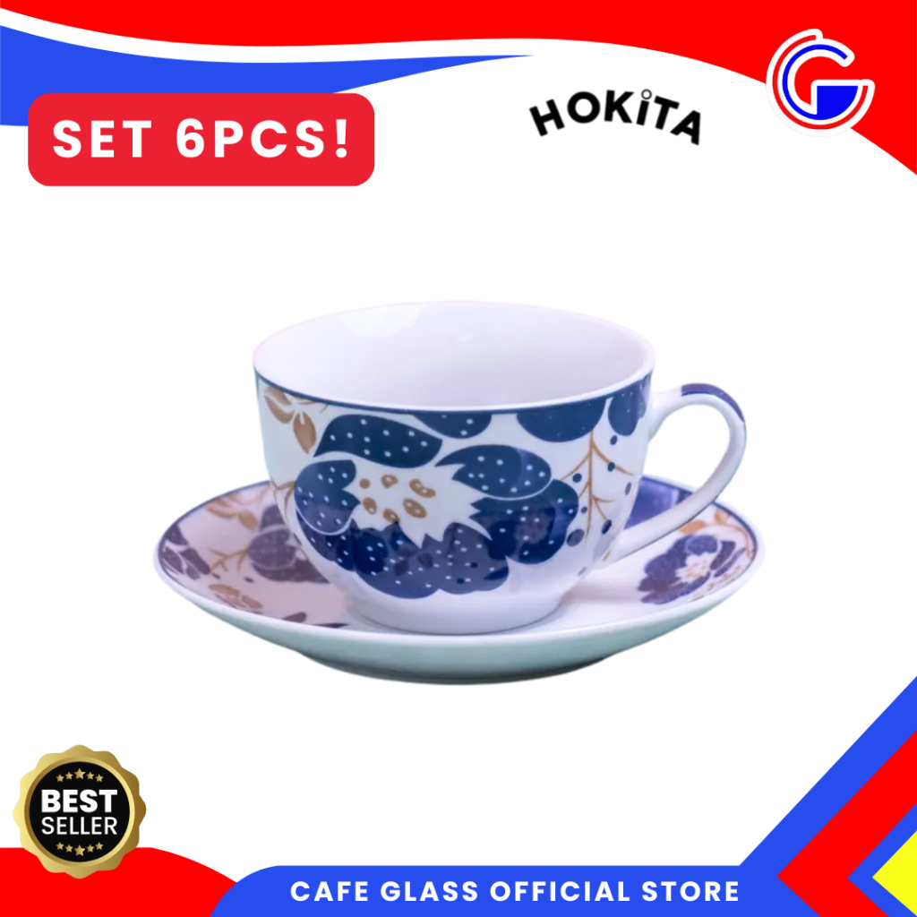 Cangkir Lepek Set Keramik 6pcs Corn Poppy - Hampers Cup Saucer - Tea Set Lebaran Gift Box Hokita