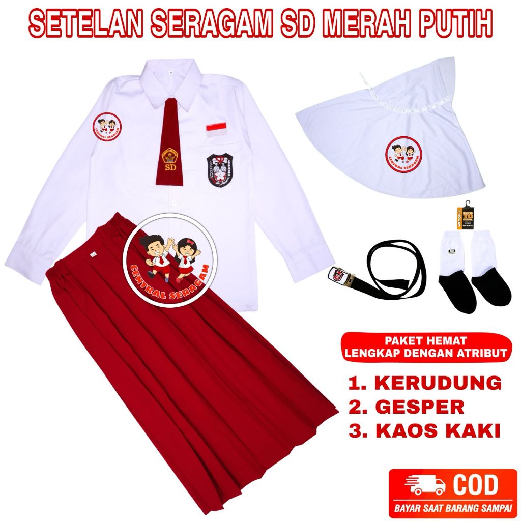 Setelan Lengkap Seragam Sekolah Sd Perempuan Cewek Merah Putih Baju Panjang Rok