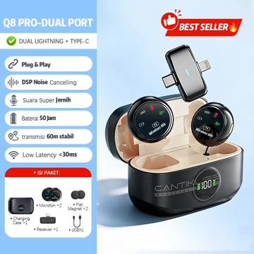 Cantiklife Q8 Mikrofon Wireless Clip On Magnetic Dual Lavalier Mic HP IOS Type C Plug Play