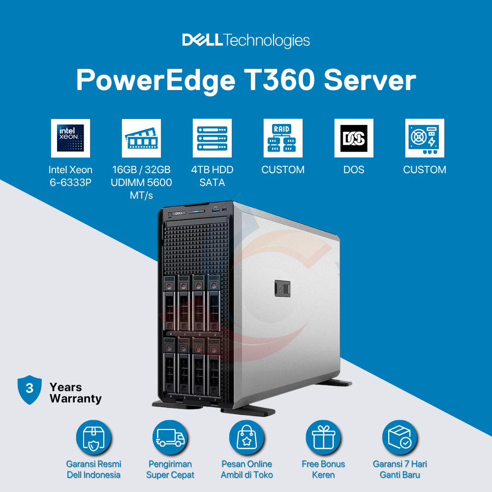 Jual Dell PowerEdge T360 Server [Intel Xeon 6-6333P-16GB-4TB-DOS-3 ...