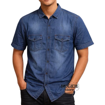 Kemeja Jeans Pria Denim Lengan Pendek Casual Nyaman