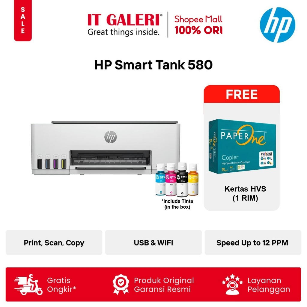 Jual [FREE TINTA + HVS ] Printer HP Smart Ink Tank 580 All in One ...