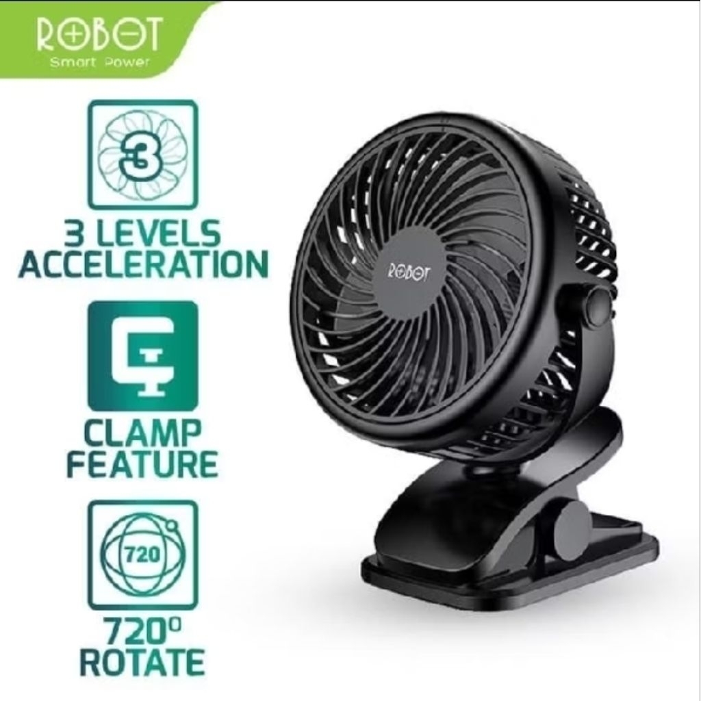 Kipas Angin Mini Portabel Robot RT-BF10 Hitam, Baterai 2000mAh, Rotasi 720 Derajat