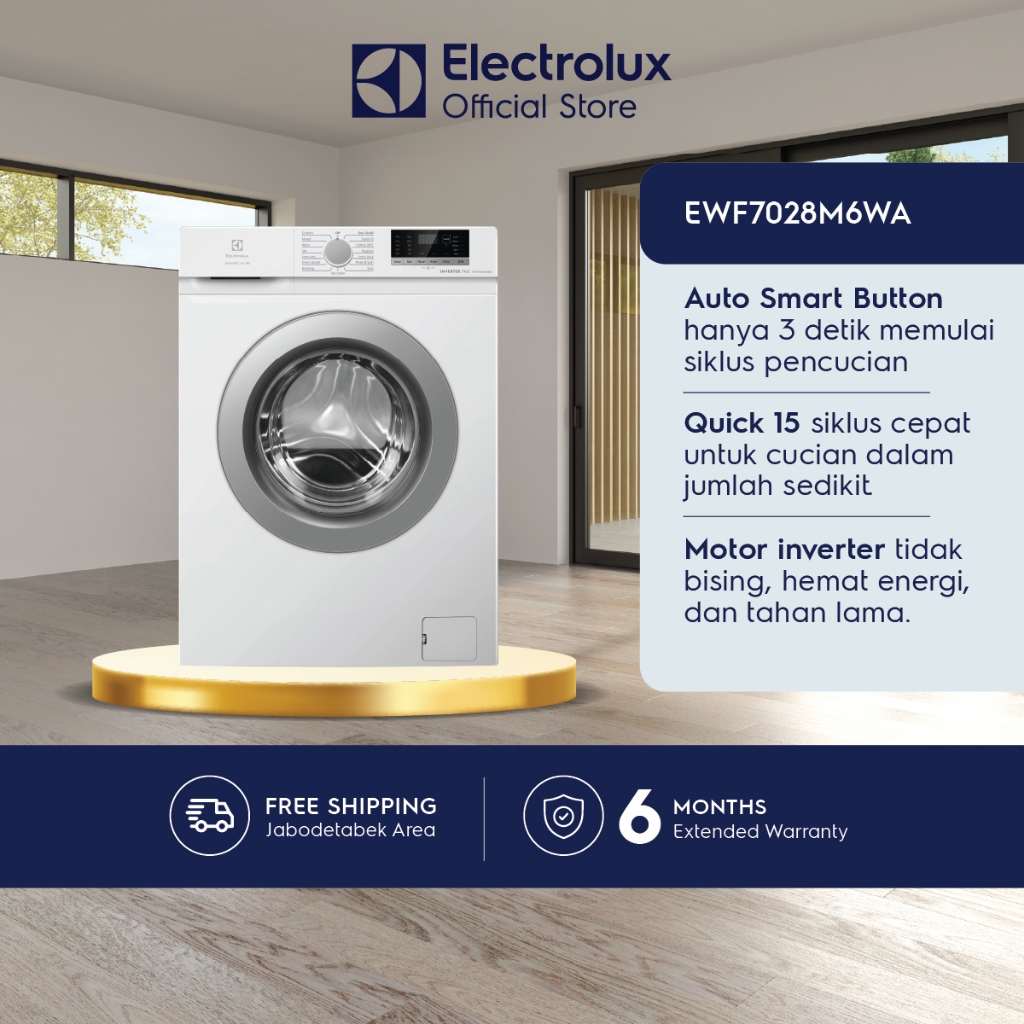 JABODETABEK - Electrolux Mesin Cuci Front Loading  7kg - Inverter - VapourCare Menghilangkan Bakteri & Alergen - Auto Smart Button - Garansi  10 Tahun Motor - EWF7028M6WA