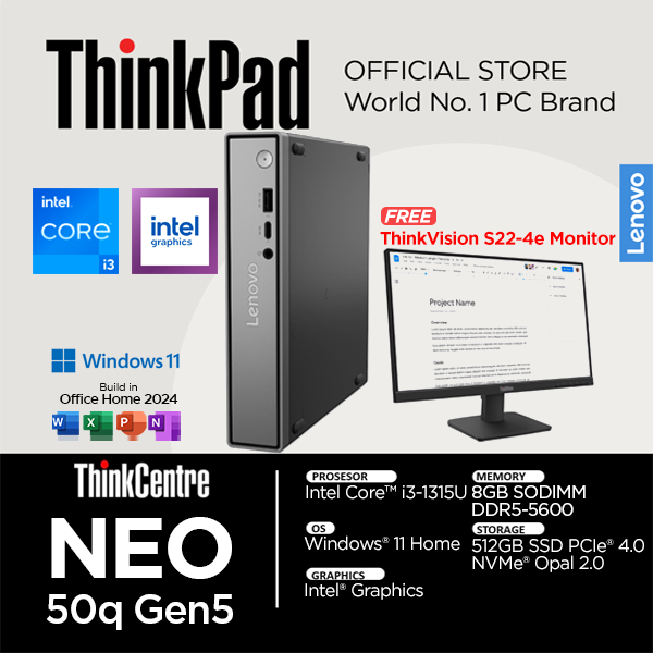 Lenovo ThinkCentre Neo 50q Gen 5 Intel Core I3 1315 8GB 512SSD Windows 11 Office Home Dekstop Monitor