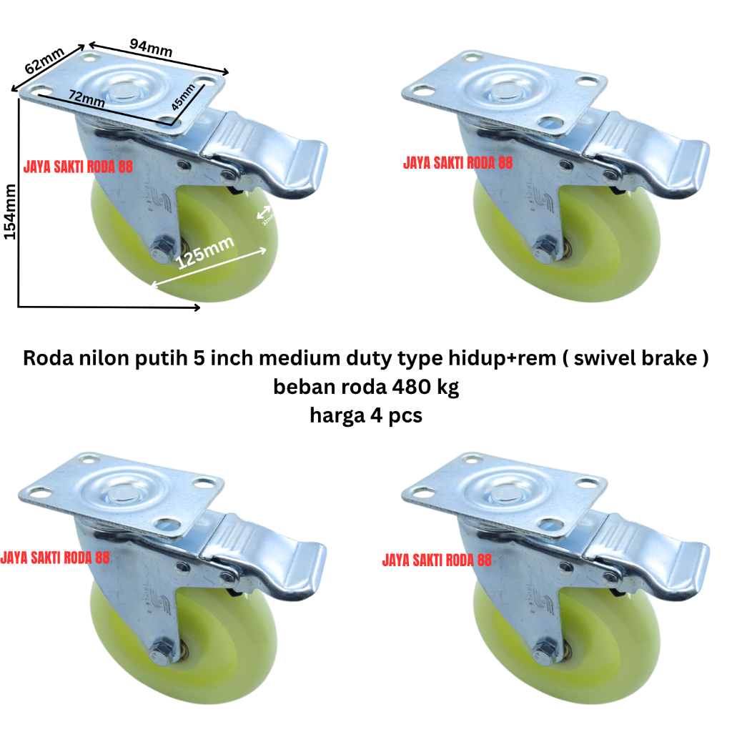 Jual Roda Nilon 5 inch Medium Duty type hidup+rem (swivel brake) Beban ...