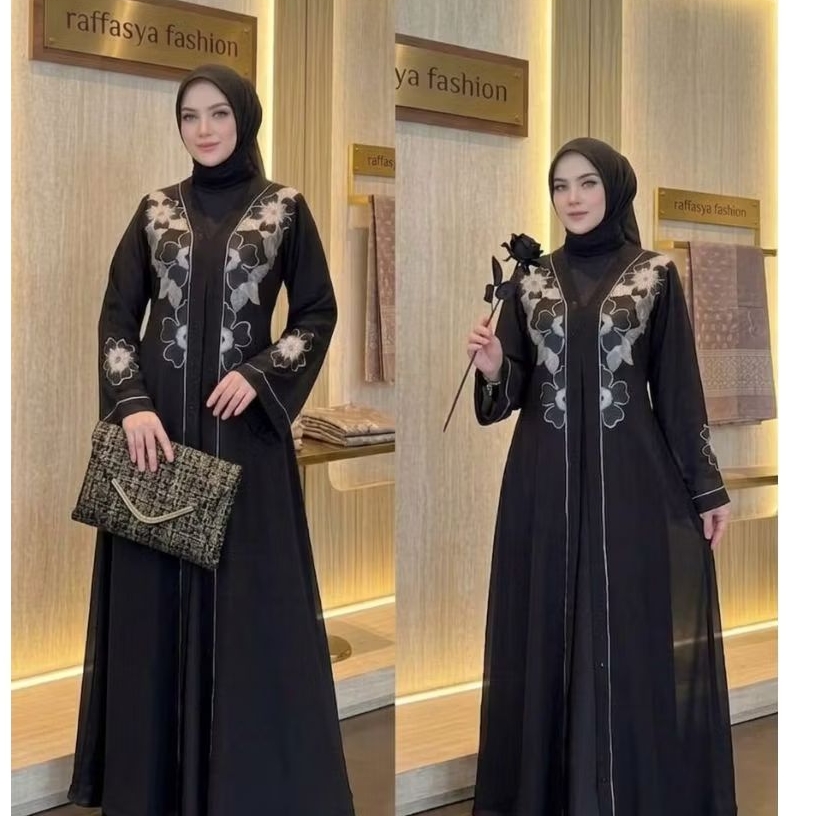 GAMIS ABAYA TURKEY BORDIR BUNGA SAKURA 3 WARNA BORDIR DUBAI MEWAH