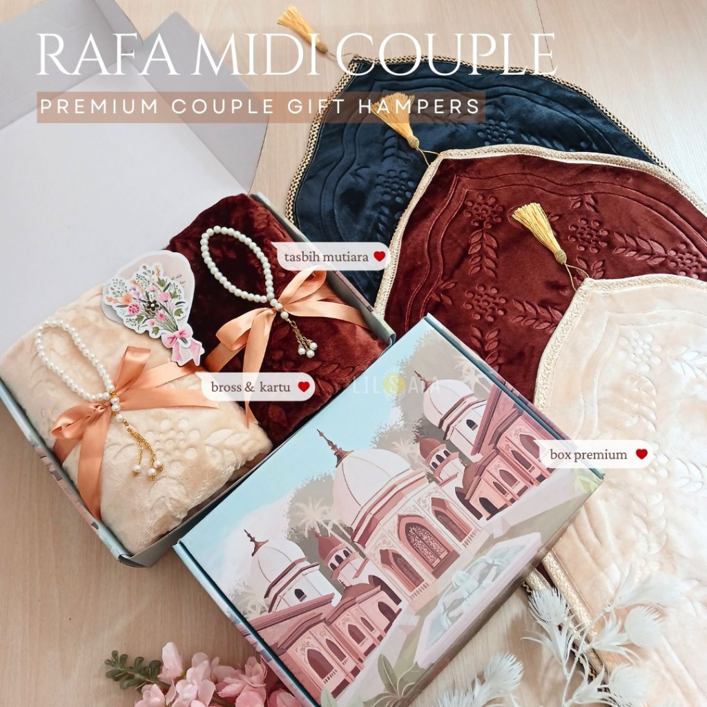 LILSALA Sajadah Couple Rafa Midi Emboss Kubah Premium Anti Slip – Kuncir Benang Emas + Tasbih 33 & Gift Box Eksklusif