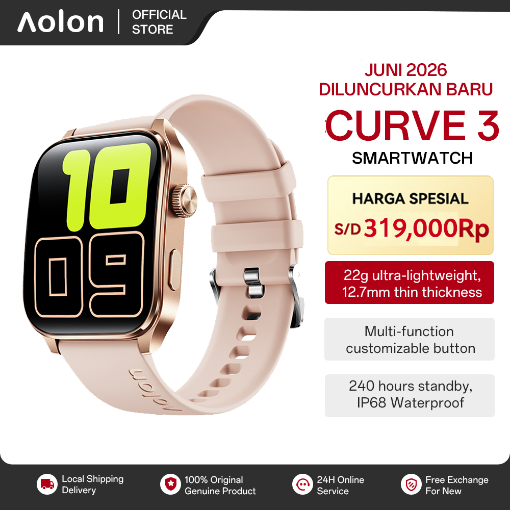 Aolon Curve 3 Smartwatch 2026 New Original 1.93" HD Screen 22g lightweight 12.7mm thickness Ip68 Waterproof Pria Wanita Running Pace 240 hours standby customizable button Custom Wallpaper