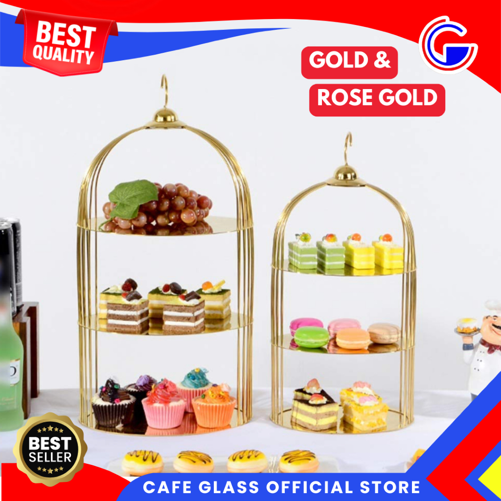 Tempat Kue Susun 3 - Rak Sangkar Burung Gold Rose - Display Kosmetik Parfum - Tray Prasmanan Hotel