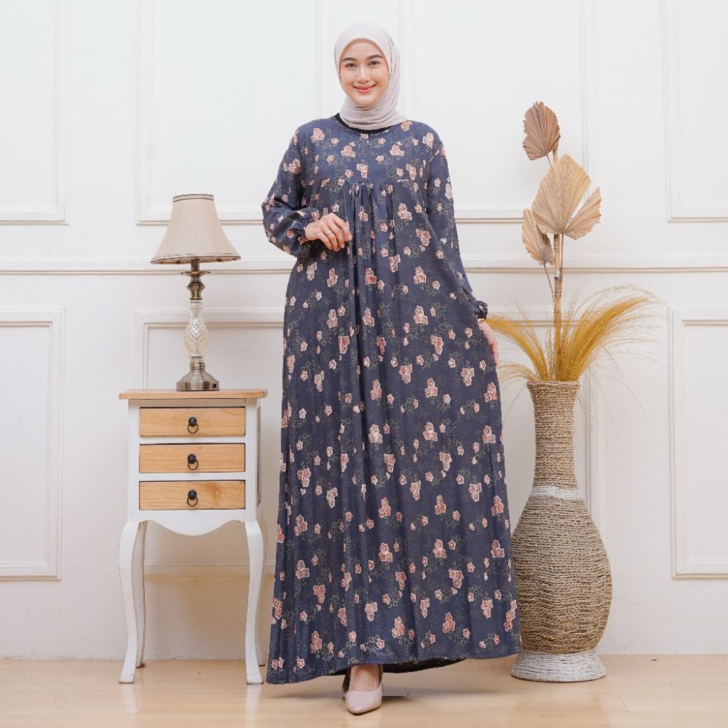 Gamis Rayon Premium Motif Bunga - longdres jumbo bahan adem dan nyaman