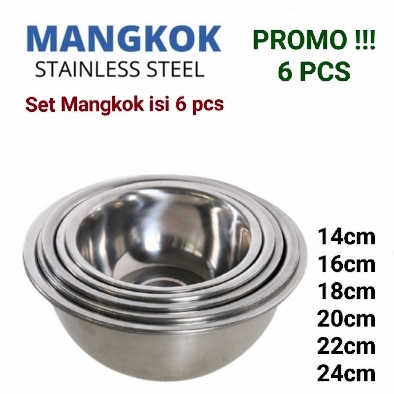 HL0589 Mangkok Set Isi 6 Pcs Stainless Ukuran 14cm, 16cm, 18cm, 20cm, 22cm, 26cm
