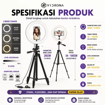 VIDRONA Ring Light LED 26CM Tripod 1 Meter Paket Komplit Konten Kreator Live Stream ELK 27