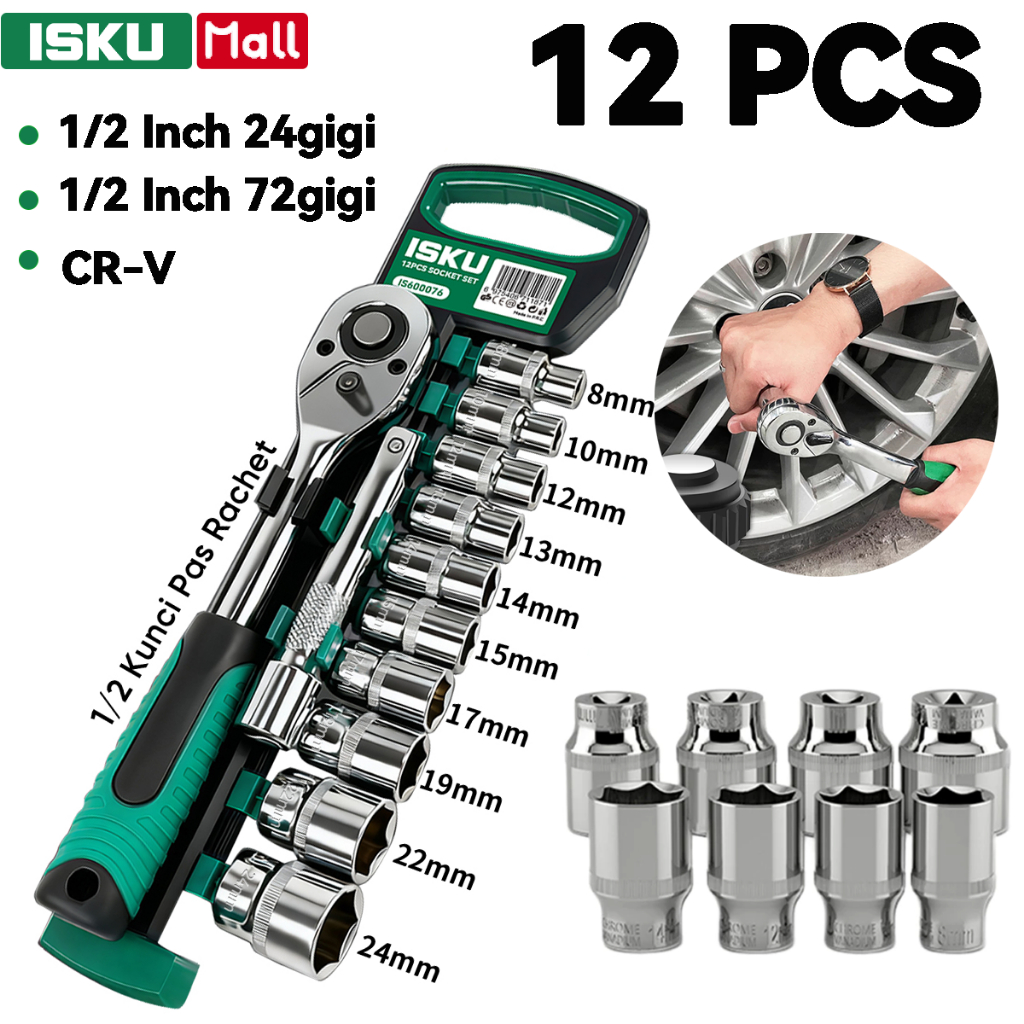 ISKU Kunci Shock 12Pcs Drive Socket 1/2 Inch 24gigi  72gigi Socket Wrench Set 8-24mm Dan 10Inch Extension Bar Bahan Chrome Vanadium Kunci Pas Rachet 12 Inch