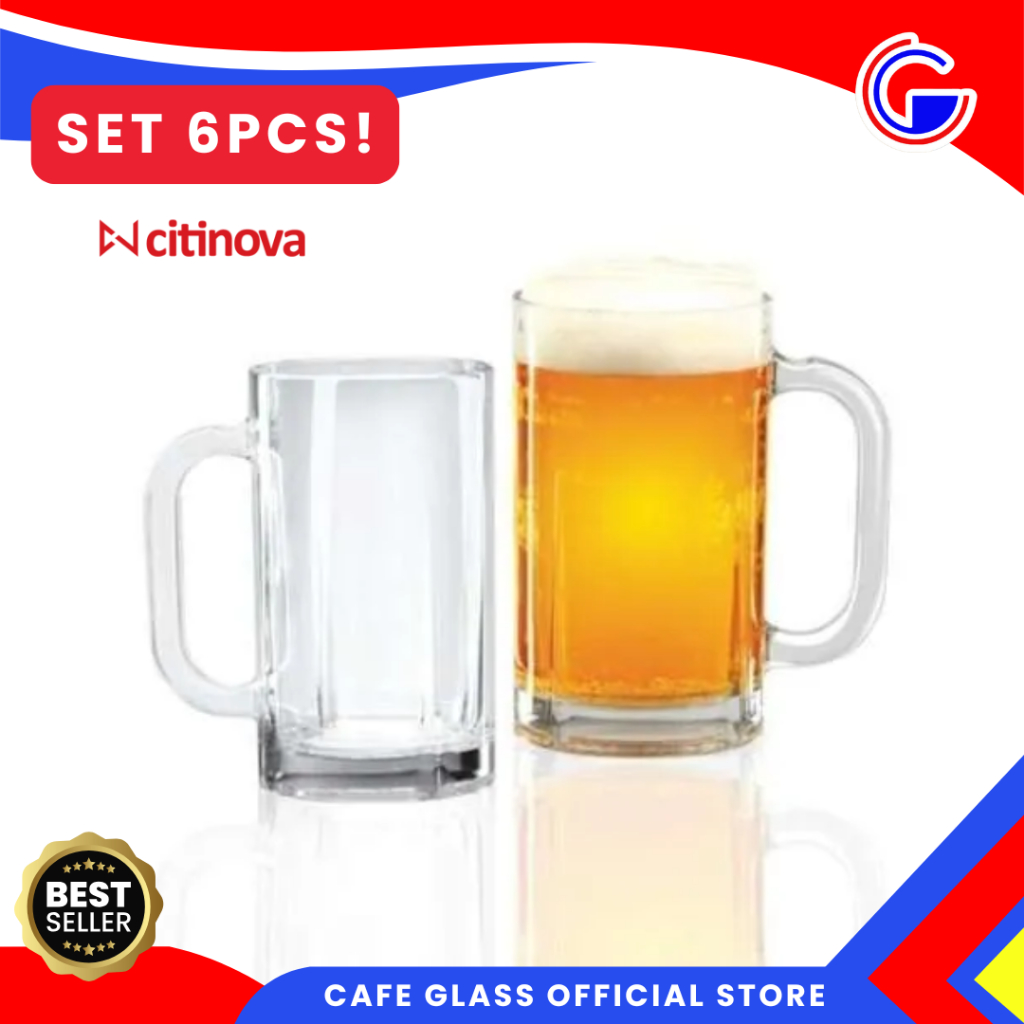 Gelas Mug Kaca Citinova Monaco Set 6pcs 380ml - Gelas Beer Kaca Tebal Pegangan - Gelas Kopi Teh Juice Citinova