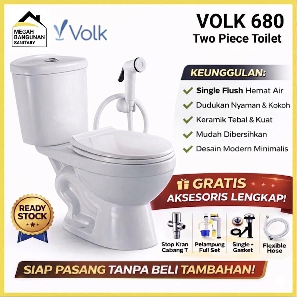 Closet Duduk VOLK 680 FREE Jet Shower Two Piece Toilet Closet Duduk AS 3O CM Kloset Duduk Kamar Mandi