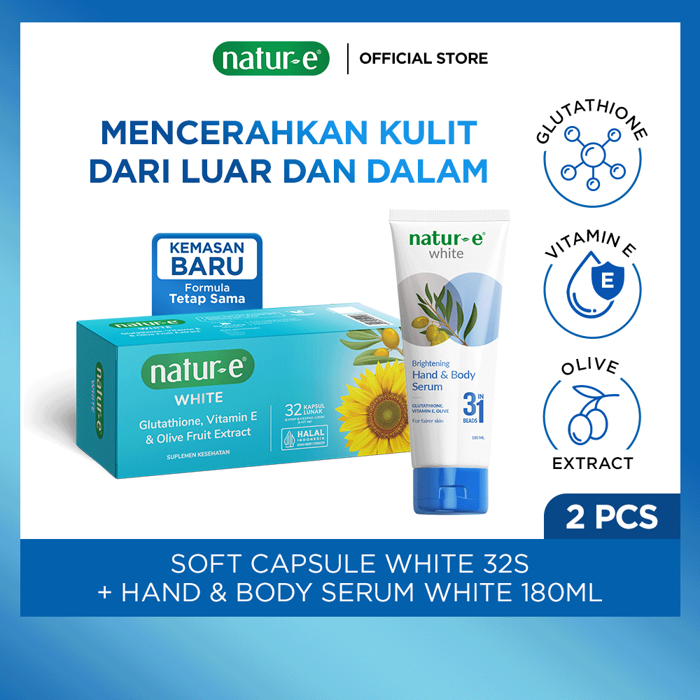 Jual Natur-E Paket White - Soft Capsule White 32s & Hand Body Serum 180ml -  Paket Skincare & Suplemen Kecantikan Dengan Vitamin E & Glutathione -  Membantu Menjaga Kesehatan Kulit dari Dalam |